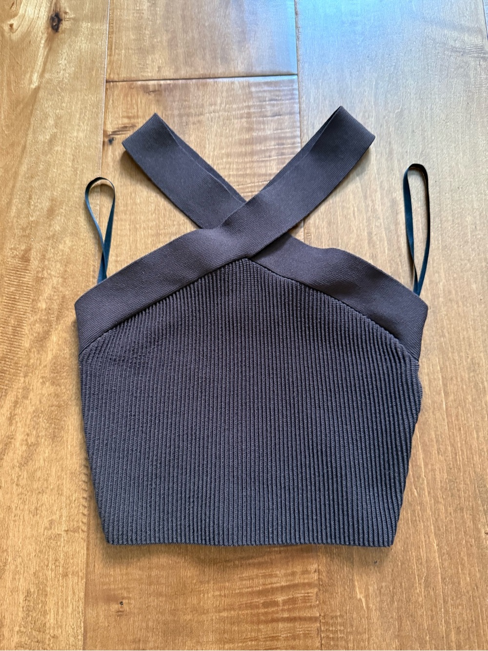 Babaton Brown Ribbed Cross-Strap Crop Top